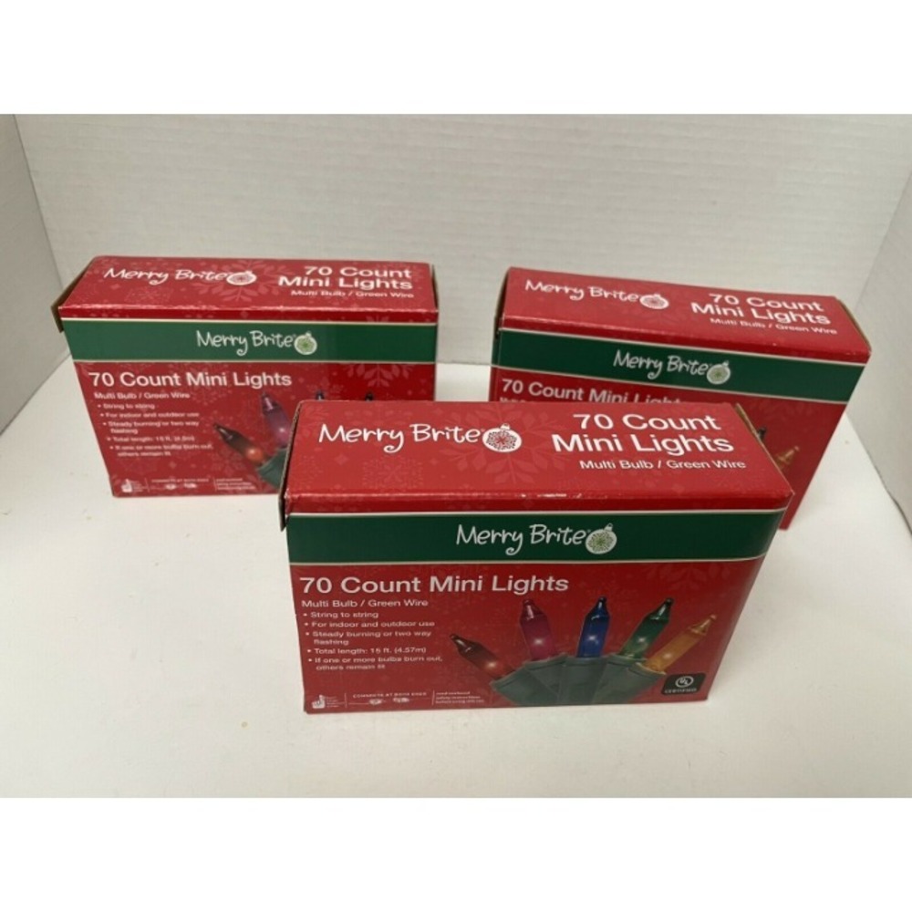 Lot Of 3 MERRY BRITE 70 Count Mini Christmas Lights Color Bulb Green wire - Picture 2 of 4